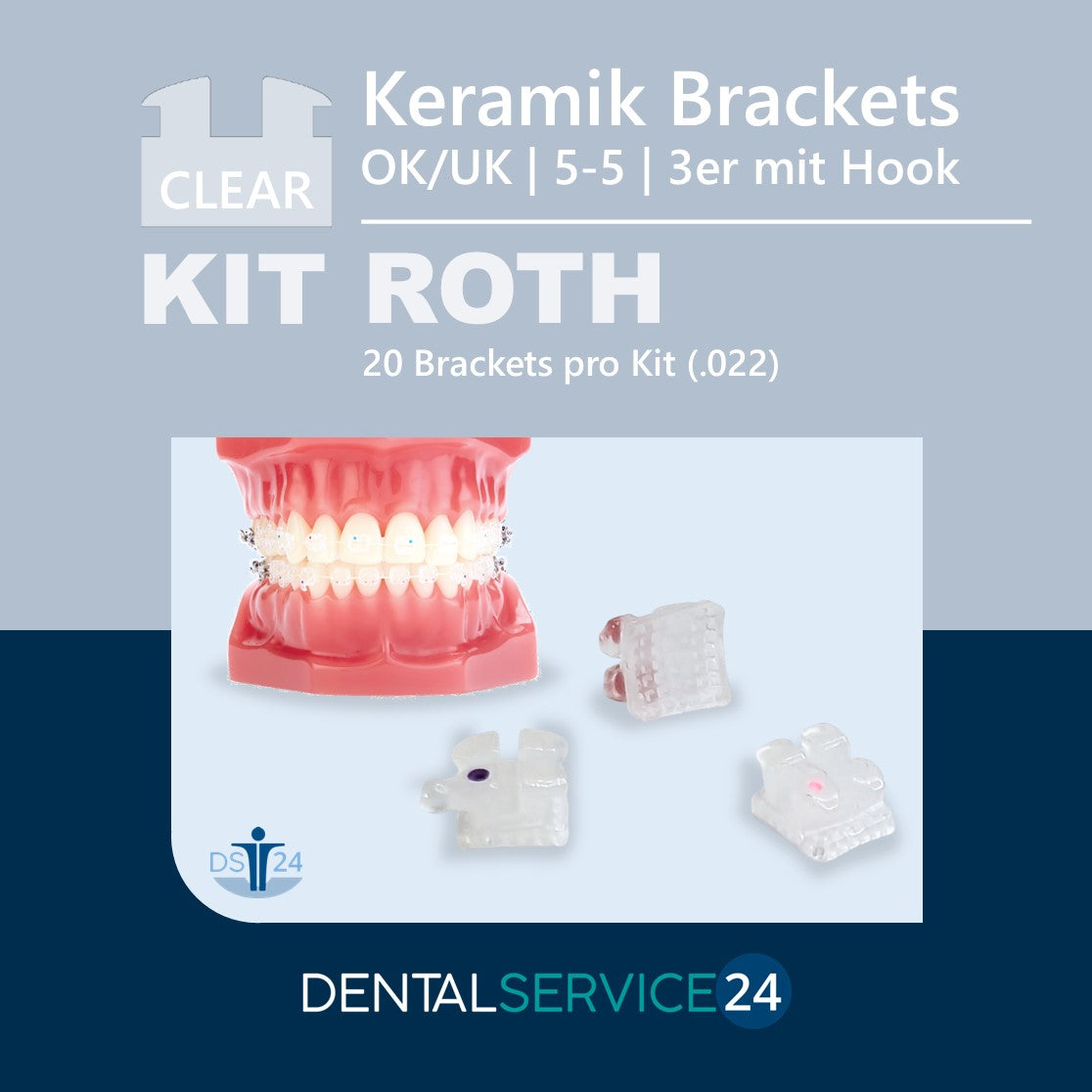 Keramik-Bracket ROTH | .022 5-5 OK/UK | 3er mit Hook | 1 Kit = 20 Brackets
