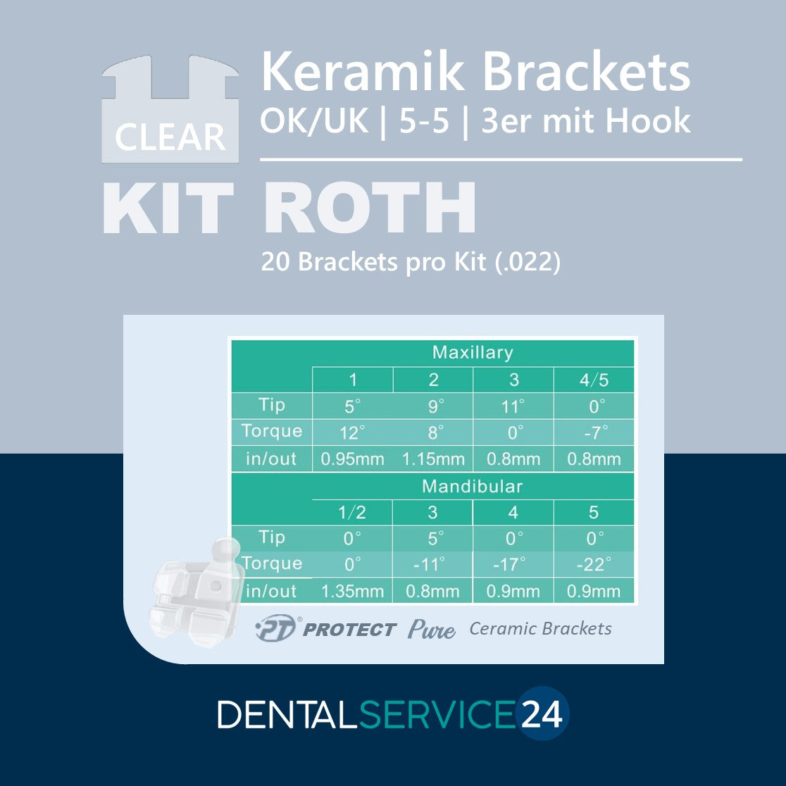 Keramik-Bracket ROTH | .022 5-5 OK/UK | 3er mit Hook | 1 Kit = 20 Brackets