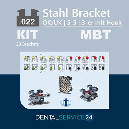 Stahl-Bracket System | MBT / ROTH  | 5-5 OK/UK | ohne/mit Hook | .018  .022 | 1 Kit = 20 Brackets