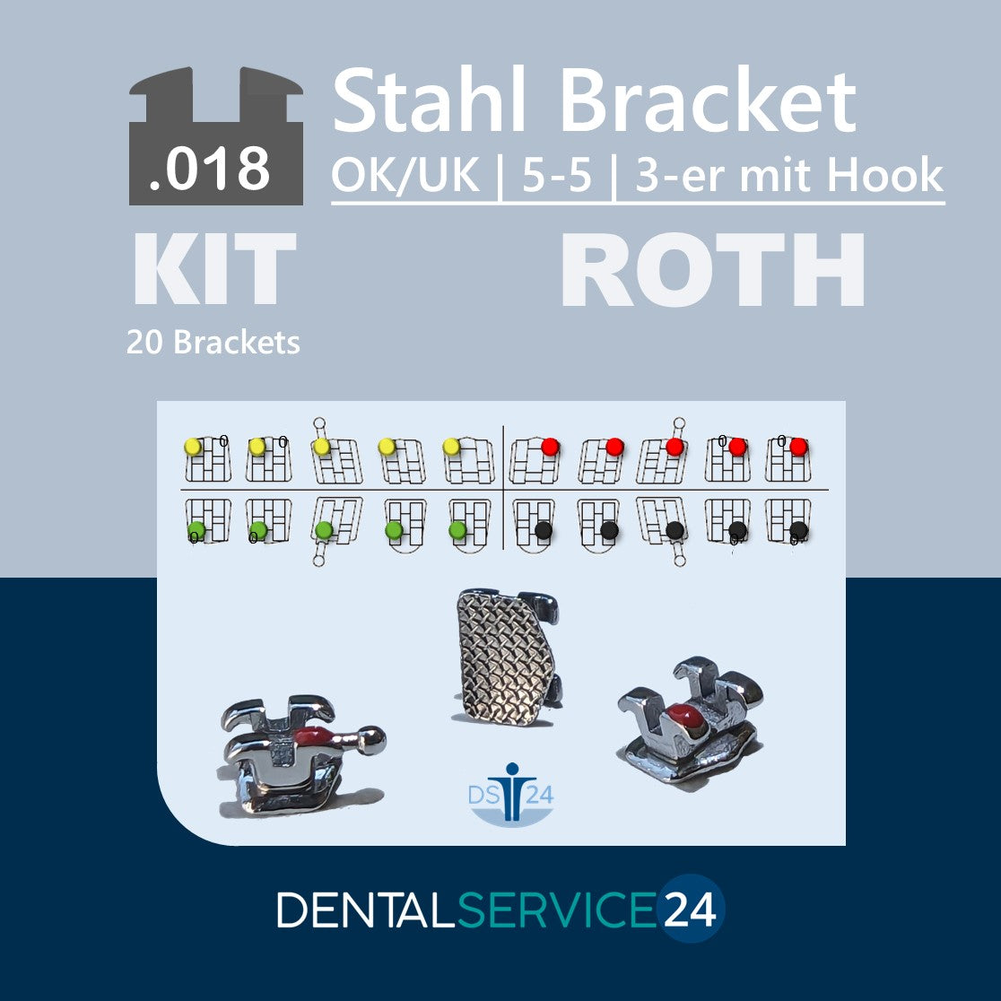 Stahl-Bracket System | MBT / ROTH | 5-5 OK/UK | ohne/mit Hook | .018 .022 | 1 Kit = 20 Brackets