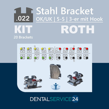 Stahl-Bracket System | MBT / ROTH  | 5-5 OK/UK | ohne/mit Hook | .018  .022 | 1 Kit = 20 Brackets