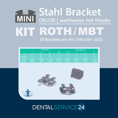 Metallbrackets mini NICKELFREI | MBT / ROTH | 3er und 3- 5 mit Hook | .018 .022 | 1 Kit = 20 Brackets
