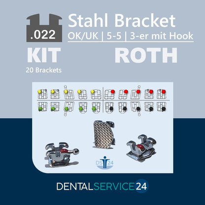Stahl-Bracket System | MBT / ROTH  | 5-5 OK/UK | ohne/mit Hook | .018  .022 | 1 Kit = 20 Brackets